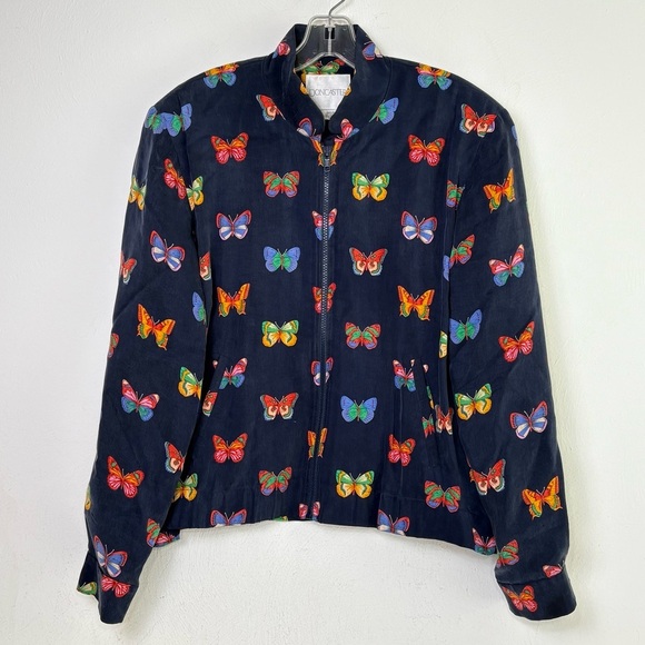 DONCASTER Vintage 90s Y2K Silk Feel Butterfly Novelty Print Navy Zip Jacket M - Picture 1 of 12